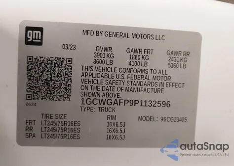 2023 Chevrolet Express Cargo Rwd 2500 Regular Wheelbase Wt z USA, uszkodzony, nr VIN 1GCWGAFP9P1132596